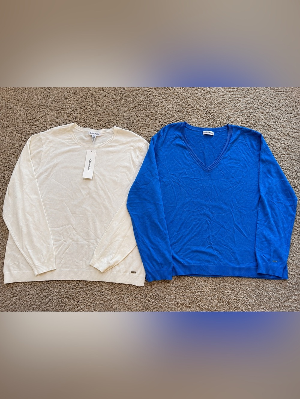 Lot of 2 Calvin Klein Womens Sweaters Crewneck Soft White NWT & Blue V-Neck XL